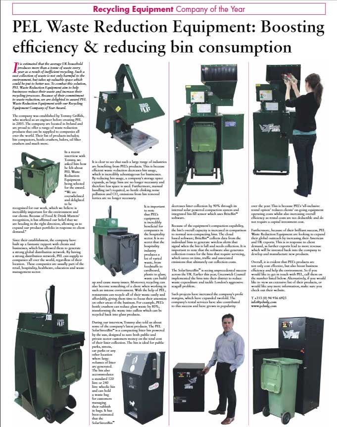 PEL Waste Reduction Equipment is Recycling Equipment Company of the Year Award 2018
