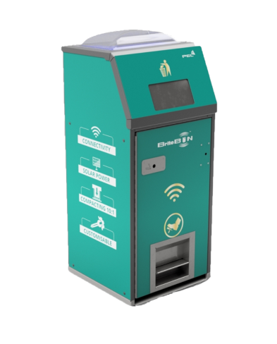 BriteBin™ smart litter bin – solar-powered compacting bin for efficient street waste management in towns and cities.