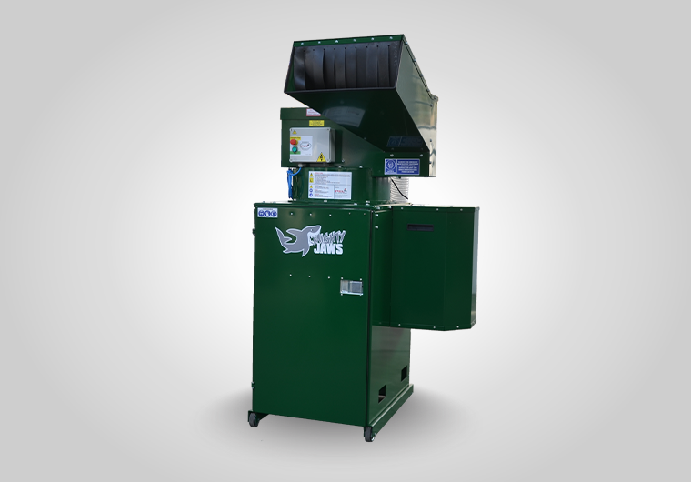 BB06 Mega Jaws glass crusher compact enough for indoor use, crushing bottles into 8mm recyclable cullet.