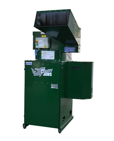 BB06 ‘Mega Jaws’ glass bottle crusher – volume-fed, stand-alone unit with integrated filtration system for indoor use.