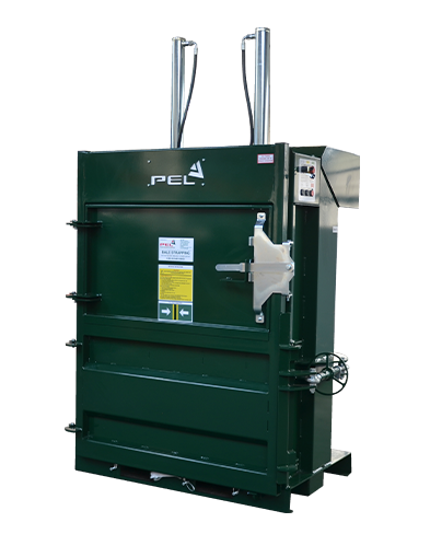 PEL 1500A high-capacity cardboard and plastic baler producing 130–180kg bales for large-volume waste handling.