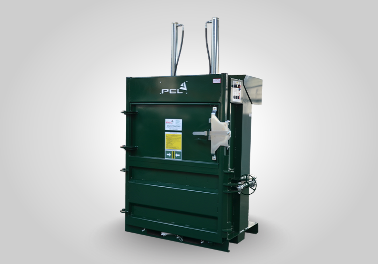 PEL 1500 vertical baler with auto-cycle and automatic bale ejection, designed to reduce waste volume by up to 90%.
