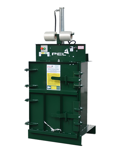 Compact PEL 200 cardboard and plastic baler designed to reduce waste volume and disposal costs by up to 90%.