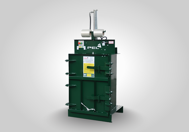 PEL 200 compact baler with auto-cycle operation and small footprint for efficient cardboard and plastic recycling.
