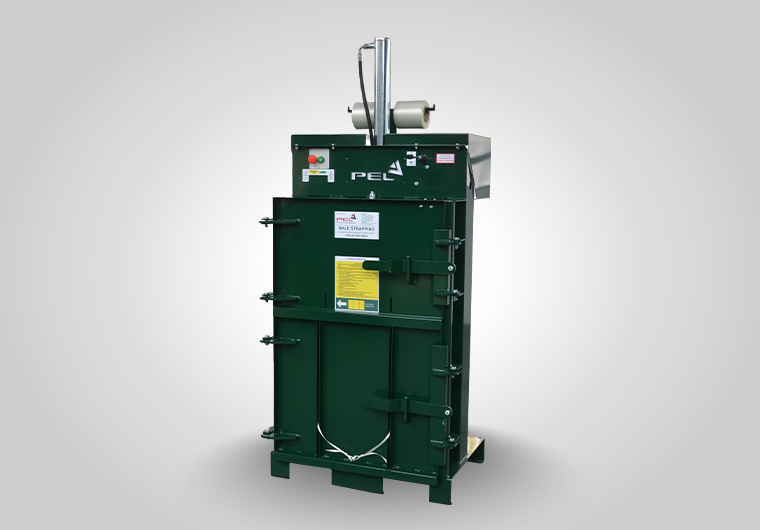 PEL 700A single chamber baler – compact cardboard and plastic baler with auto-cycle and easy tie strapping for small premises.
