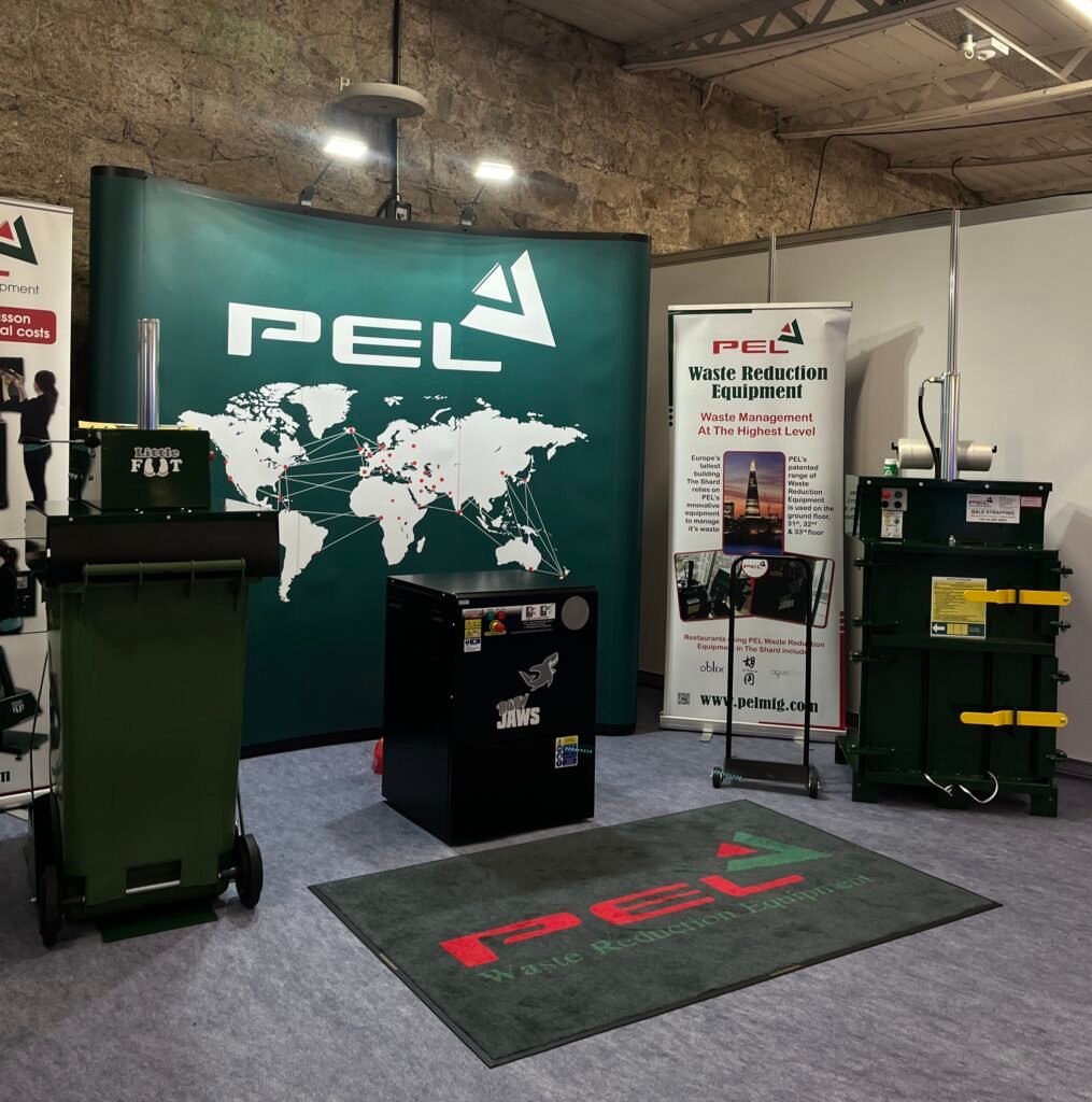 pel range of machines at hospitality expo 2024. Bottle crusher, baler and bin compactor
