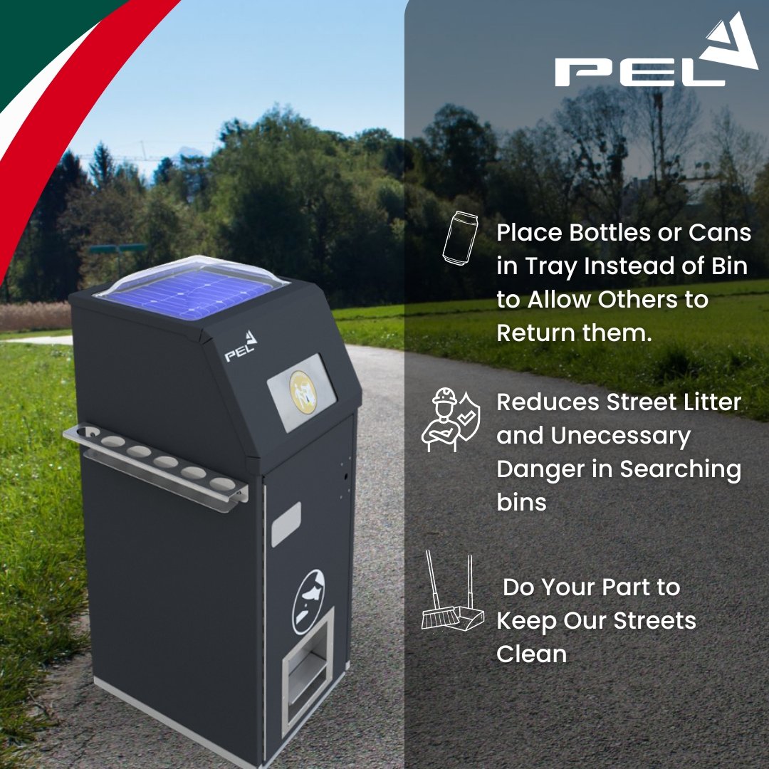 BriteBin with deposit return tray on country road with pel branding over image