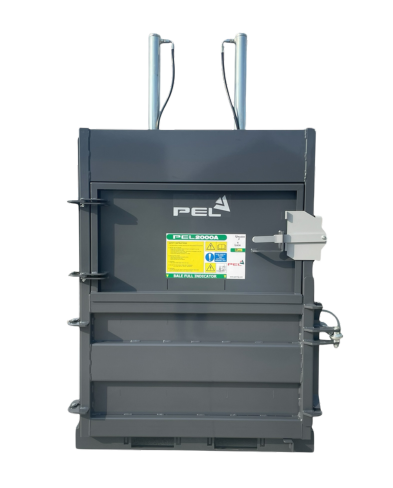 PEL2000A heavy-duty cardboard and plastic baler producing 150–200kg bales for high-volume recycling needs.