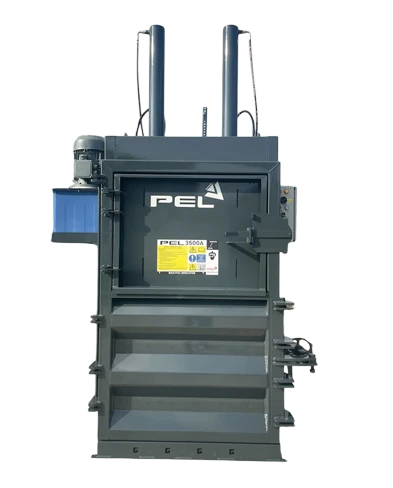 PEL 3500A industrial baler with auto-cycle and manual operation, reducing waste volume by up to 90%.